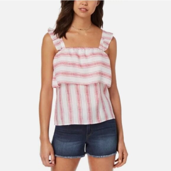 Almost Famous Tops - Almost Famous Tank Top Juniors Striped Ruffled Trim Pink White Size XL NWT